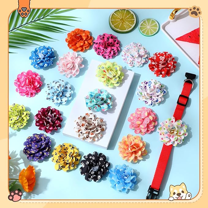 50 Pieces Paw Print Dog Collar Flowers Bulk Dog Paw Print Charms Grooming Accessories Bow Tie Flower for Pets Cat Collar Attachment Embellishment