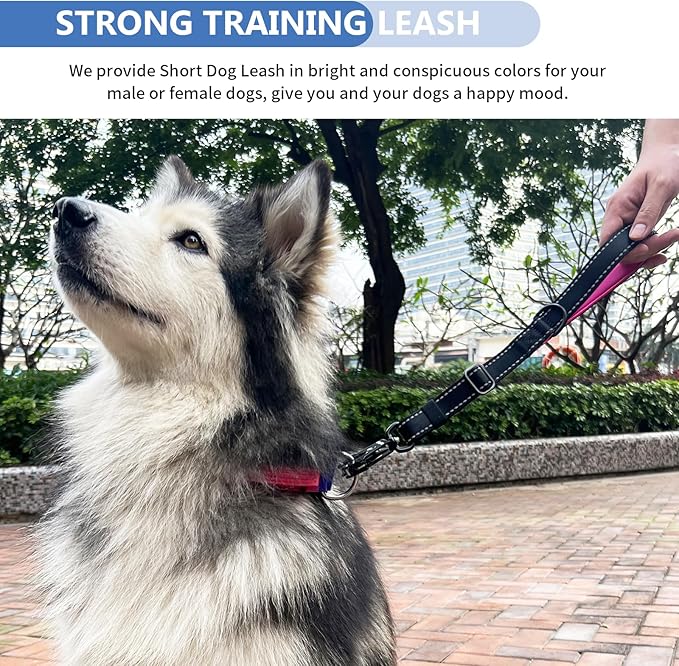 Strong Heavy Duty Dog Leash - Adjustable 15"-18" Reflective Nylon Training Leash with Padded Handle & Frog Clip, Traffic Control for Large Medium Dogs No Pull Walking Black Pink