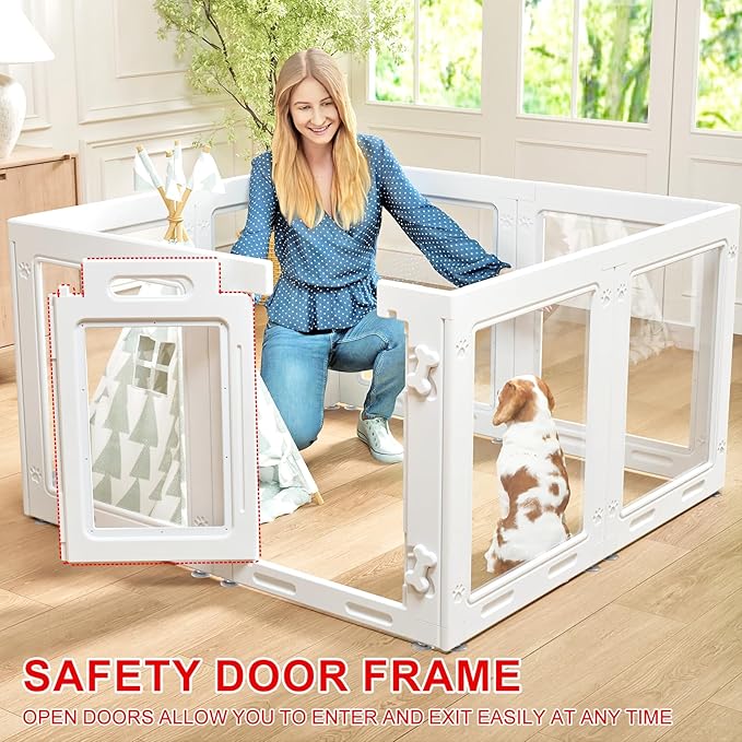 Clear Acrylic Dog Playpen with Door,23.6" Puppy Playpen,Easy Assemble Pet Fence,8-Panel for Puppies/Small Dog Play Pen Indoor (White-8, 23.6 Inch-H, 8 Panel)