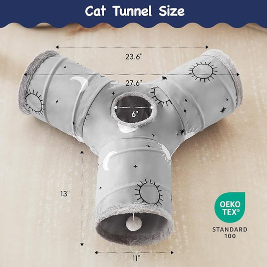 Tempcore Pet Cat Tunnel Tube Cat Toys 3 Way Collapsible, Cat Tunnels for Indoor Cats Fleece-Lined in for Warmth,Kitty Tunnel Bored Pet Toys Peek Hole Toy Ball Puppy, Kitten, Rabbit Gray Sun