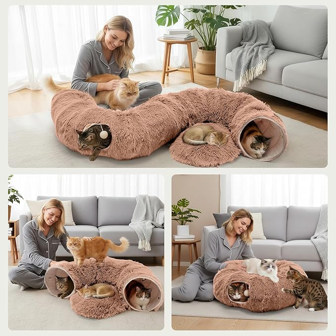 DUMOS Cat Tunnel Bed for Indoor Cats Cave Donut Play Tunnel with Soft Plush Peekaboo, Circle Cushion, Washable Multifunctional Playground Under Tree Pet Toys for Kittens, Puppy Rabbit, Ferret - Brown