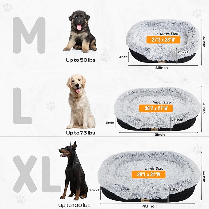 Miorun Fluffy Orthopedic Dog Bed for Small & Medium Dogs and Cats, Calming Plush Sofa Bed with Curved Bolster Support and Egg-Crate Foam Base, 35" Cozy Oval Pet Donut Bed with Washable Cover, Gray