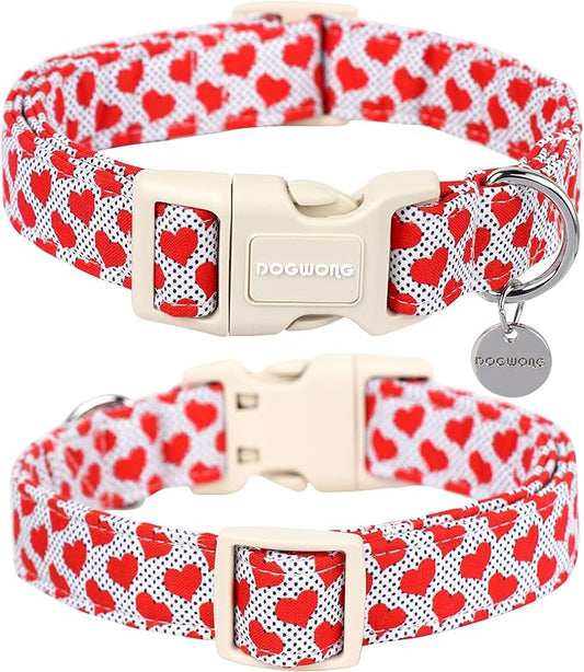 DOGWONG Valentine's Dog Collar - Red Heart Adjustable Cotton Heart Dog Collar - Perfect for Large Dogs