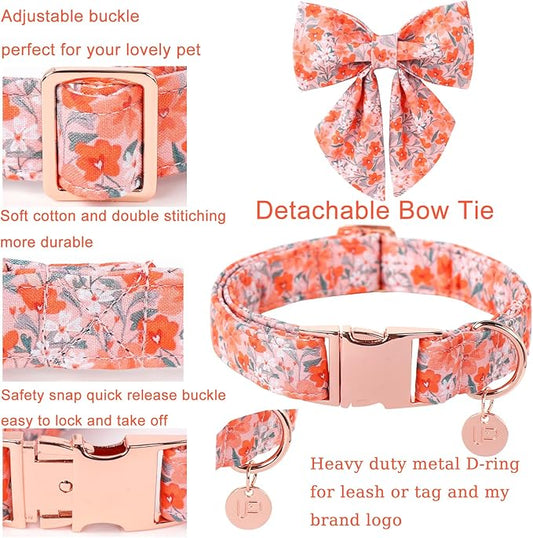 Orange Flower Bowtie Dog Collar - Summer Collar for Puppy Boy Girl, Comfortable Cotton With Metal Buckle, M