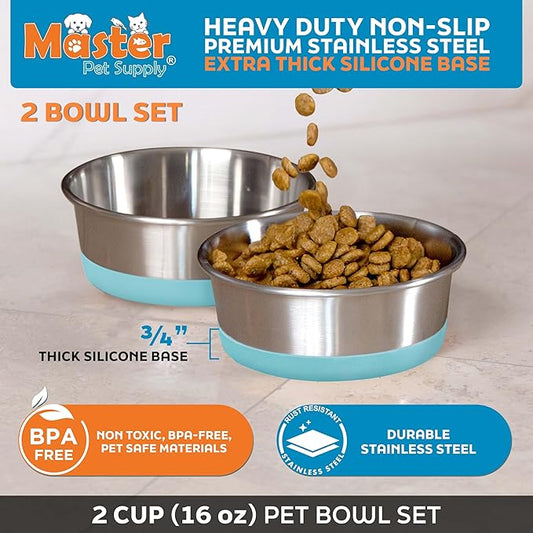 Master Pet Supply Stainless Steel Dog Bowls Set of 2 with Extra Thick Silicone Base - 2 Cup (16 oz) Aqua Sky, Non-Slip, Dishwasher Safe Metal Bowls, Pet Dog Food Bowl for Dogs, Cats, Anti Rust