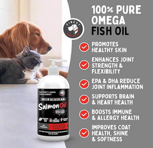 Finest For Pets Wild Alaskan Salmon Oil for Dogs & Cats - Omega 3 Fish Oil with Pollock & Salmon for Sensitive Skin & Coat Health. EPA & DHA Ease Itching, Supports Joint, Immune & Heart Health (32oz)
