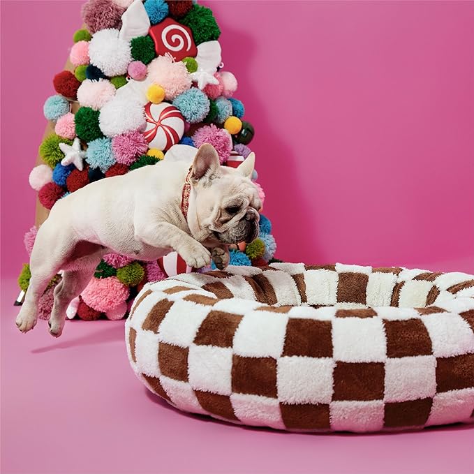 LE SURE Donut Small Dog Bed - Round Cat Beds Indoor Anti-Anxiety Calming Present for Pets, Washable Cute Modern Beds with Jacquard Shaggy Plush & Anti Slip Bottom,23 Inch, Brwon