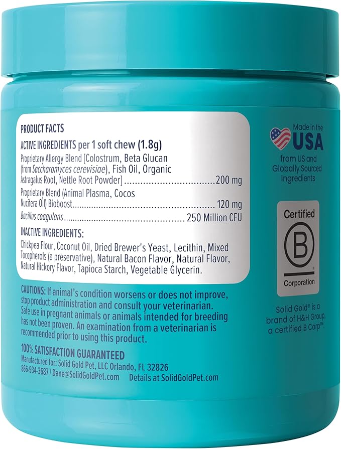 Solid Gold Dog Allergy Relief Chews - Dog Itching Skin Relief & Seasonal Allergies Support - Alaskan Salmon Oil for Dogs Skin, Coat & Immune Support - Bacon Flavor Soft Allergy Chews for Dogs -120ct