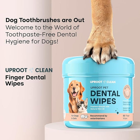 Uproot Clean Pet Dental Finger Wipes for Dogs & Cats (50ct.): Easy & Effective Cat and Dog Teeth Cleaning Wipes - Dog Dental Tissues for Plaque, Tartar, & Bad Breath - Safe, Rinse-Free, Disposable