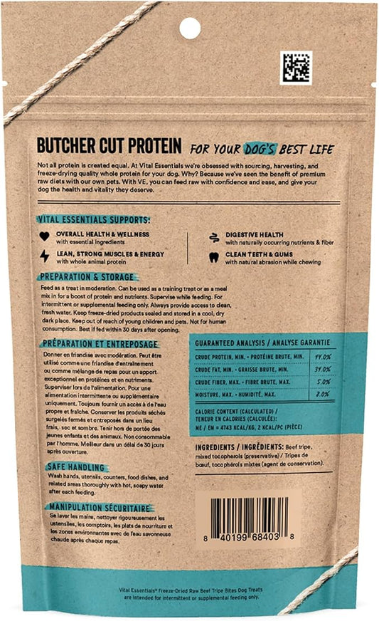 Vital Essentials Beef Tripe Bites Dog Treats, 2.3 oz | Freeze-Dried Raw | Single Protein | Premium Quality High Protein Training Treats | Grain Free, Gluten Free, Filler Free
