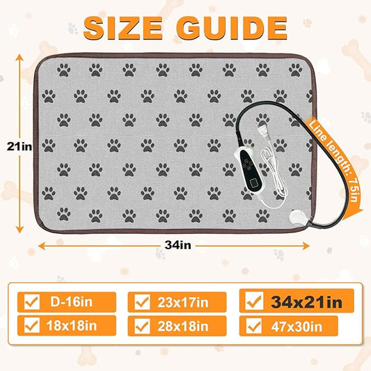Large Dog Heating Pad 34x21in Smart Thermostat Switch Heated Dog Bed,Obtained MET and UL Dual Certification,Waterproof Bite-Resistant Pet Heating pad- Paw