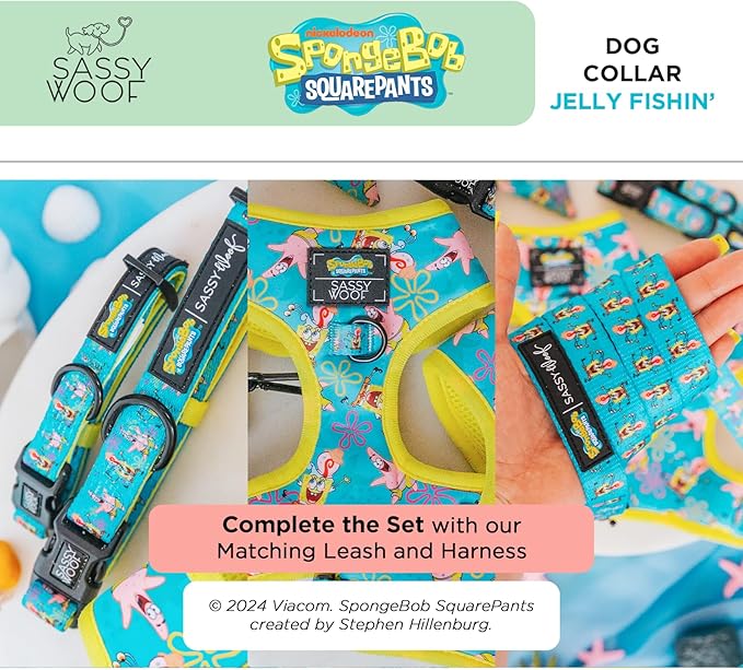 Sassy Woof Dog Collar Spongebob Squarepants™ Jelly Fishin' - S, Adjustable, Durable, Comfortable and Stylish Pet Accessories for Small Dogs - Officially Licensed