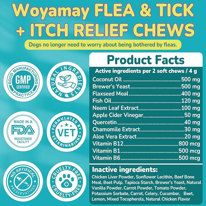 Woyamay Flea & Tick + Itch Relief for Dogs Chewables, Flea and Tick Prevention for Dogs, Dog Allergy Chews, Dog Itching Skin Relief & Skin Repair, Flea Treatment Dogs, 200 Soft Chews, Chicken Flavor