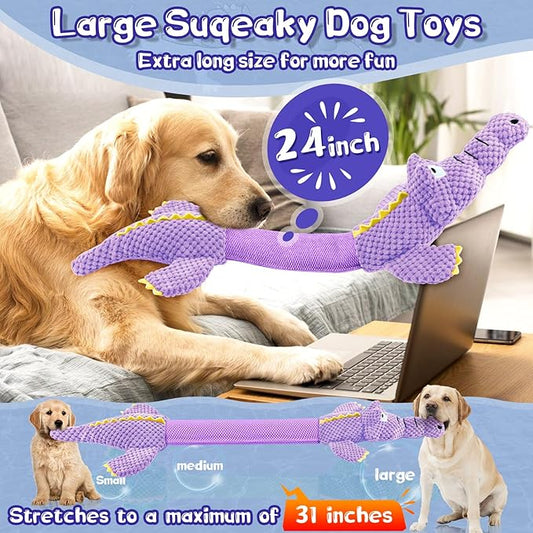Interactive Tug of War Dog Toys for Small to Large Breeds-Squeaky Plush Puppy Toys with Crinkle Paper, Stuffed Chew Dog Toys to Keep Them Busy, Training Reward Gift (Purple)