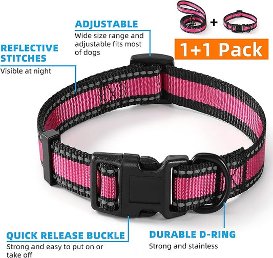 Mile High Life | Reflective Dog Collar Leash Set | Adjustable Collar Leash Set (Pink, Large (Pack of 2))
