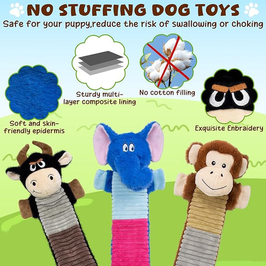 MeetYooo 3 Pack No Stuffing Dog Squeaky Toys, Dog Chew Toys with Crinkle and Squeaker, Cute Animal PlushToys to Keep Them Busy, Suitable for Large, Medium and Small Breeds (Elephant&Monkey&Cattle