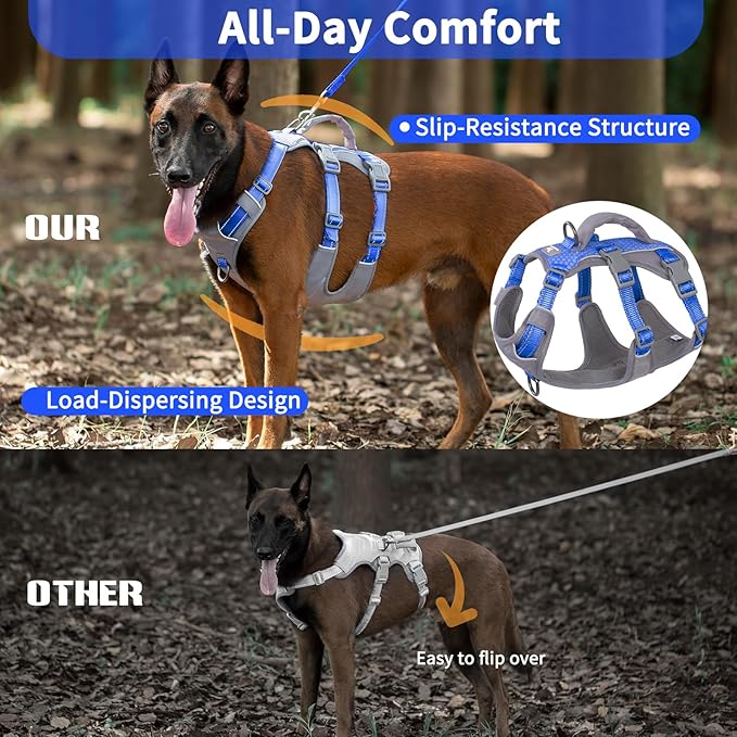 Huntboo Reflective Dog Harness with Handle, Escape Proof, No Slip, Breathable, Lightweight, Adjustable Lift Harness for Small, Medium, and Large Dogs Walking, Training, and Running Gear(Sea Blue,L)