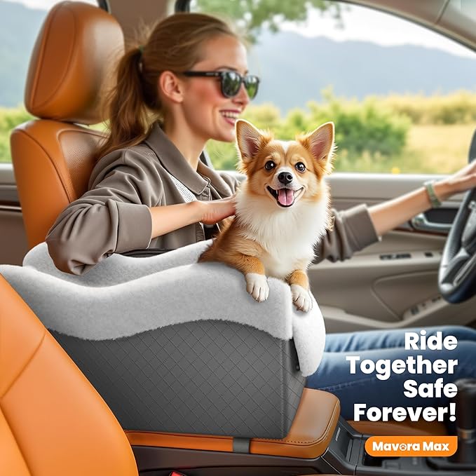 Mavora Max Portable Small Dog Seat for Car, Luxury Center Console Dog Car Seat Booster with Safety Tethers, Anti-Collapse Pet Travel Carseat for SUV, Truck (Dark Grey/White)