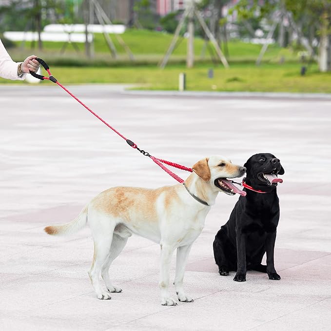 iYoShop Dual Dog Leash - 360° Swivel, No Tangle Walking Leash with Shock Absorbing Bungee for Two Dogs (Large, 25-150 lbs, Red)
