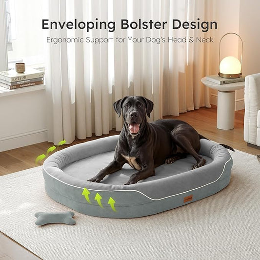 CWAWZ XXL Orthopedic Dog Bed, 53 in. Dog Bed for Large Sized Dogs with Full-Surround Bolsters, Dual-Sided Dog Cooling Beds with Memory Foam, Washable Pet Sofa Couch with Nonslip Bottom, Light Grey