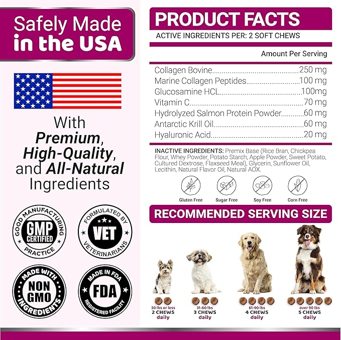 Advanced Collagen for Dogs - 170 Dog Collagen Chews - Hip and Joint Supplement - Skin & Coat Health, Cartilage & Mobility Support - Multi-Collagen Peptides - Glucosamine, Vitamin C, Hyaluronic Acid
