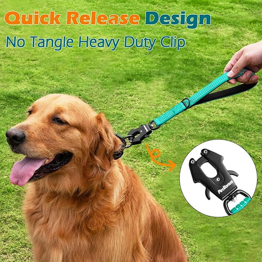 PetBonus Heavy Duty Short Dog Leash, 12 Inch Nylon Traffic Leash with Quick Release Clip, Comfortable Padded Handle, Reflective Training Lead for Medium Large Dogs (Turquoise, 12")