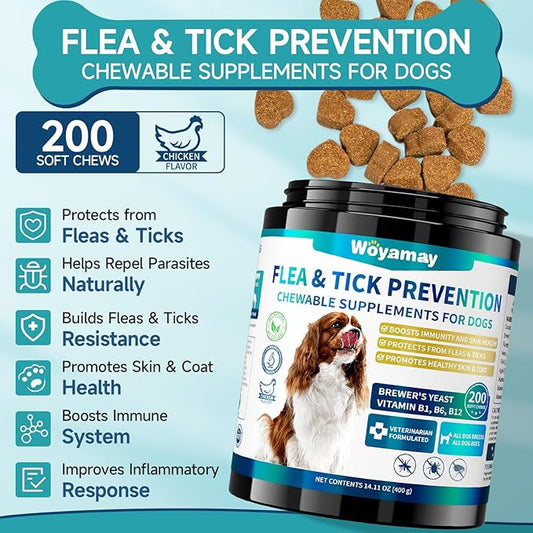 Woyamay Flea and Tick Prevention for Dogs Chewables, 200 Soft Treats, Natural Dog Flea and Tick Treatment, Oral Flea Chews for Dogs Supplement, Flea and Tick Chews for Dogs Puppies, All Breeds & Sizes