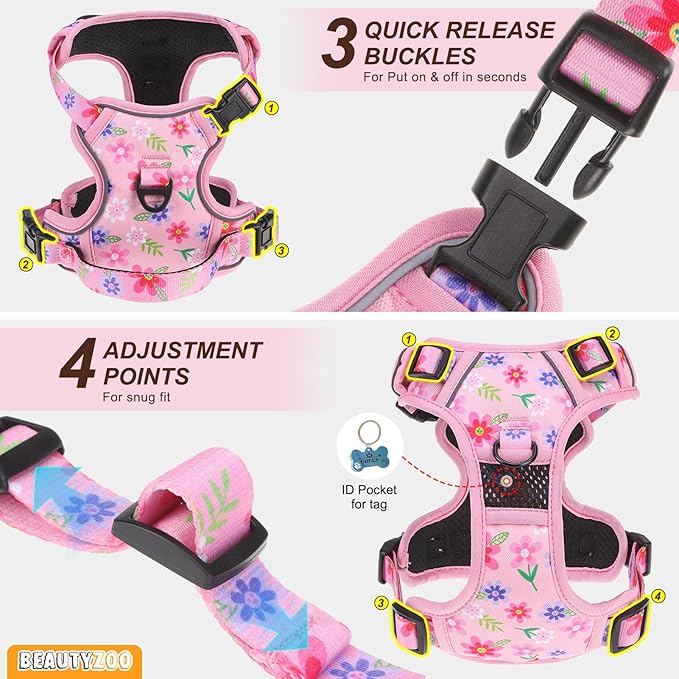 BEAUTYZOO No Pull Dog Harness and Leash Set with 2 Metal Leash Clips - Overhead-Free 3 Snap Buckles Design, Adjustable No-Choke Soft Padded Reflective Oxford Pet Vest for Small Medium Large Dogs, L