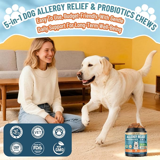 VICSOM Dog Allergy Chews for Dogs Itching Skin Relief with Probiotics for Dogs Immune Support, Itchy Skin & Ears, Licking Paws, Itch Relief for Dog with Probiotics for Gut Health, 200 Chews