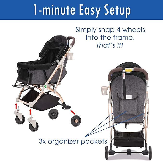 HPZ Pet Rover Lite Premium Light-Weight Dog/Cat/Pet Stroller Travel Carriage with Convertible Compartment/Zipper-Less Entry/1-Hand Quick Fold/Aluminum Frame for Small & Medium Pets (Black 2nd-Gen.)