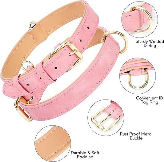 Leather Dog Collar for Small Medium Large Dogs, Soft Padded Dog Leather Collar with Heavy Duty Gold Buckle, Durable & Comfortable for Small Dogs Daily Walking (Pink, S)