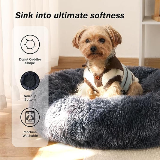NOYAL Calming Donut Dog Bed for Small to Medium Dogs & Cats - Plush Faux Fur Anti-Anxiety Pet Bed with Machine Washable Cover & Non-Slip Base