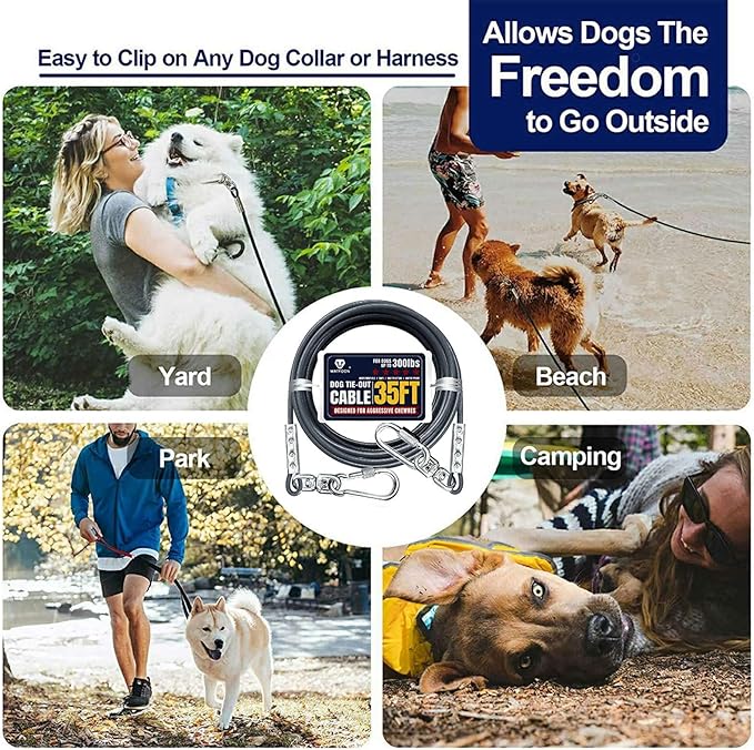 Tie Out Cable for Dogs Up to 300lbs,35ft Extra Strong 1000lbs Break Strength Tie-Out Tether Trolley Training Lead,Dog Run Cable for Yard Garden Park Camping Outside (Grey, 300lbs 35ft)