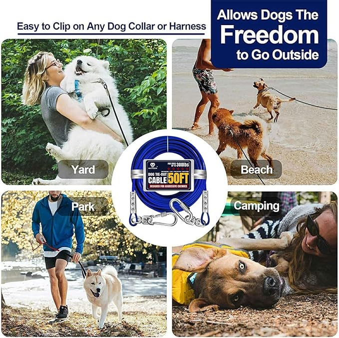 Tie Out Cable for Dogs Up to 300lbs,50ft Extra Strong 1000lbs Break Strength Tie-Out Tether Trolley Training Lead,Dog Run Cable for Yard Garden Park Camping Outside (300lbs 50ft, Blue)
