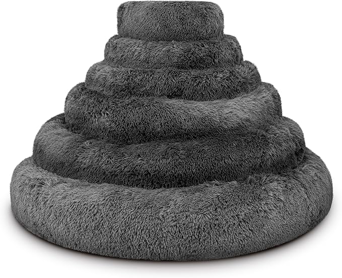 The Dog’s Bed Sound Sleep Donut Dog Bed, XL Dark Grey Fur Calming Nest Bed Removable Cover, Veterinary Approved