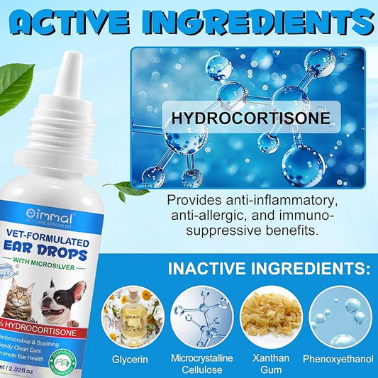 Cat & Dog Ear Infection Treatment Drops, Pets Ear Cleaning Solution Drops with 1% Hydrocortisone Soothing Dog Yeast Infection, Treats Ear Infections, Itchy Ear Relief, Cat Ear Care Supplies