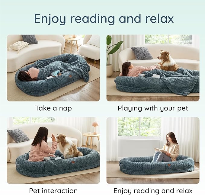 Human Dog Bed for Adult - Luxury Faux Fur Giant Size Dog Bed with Portable Handle, Egg Orthopedic Foam Bed with Blanket, 72"x40"x10", Grayish Blue
