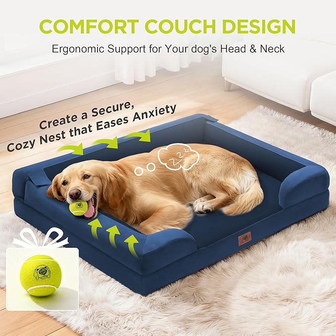 Orthopedic Dog Beds for Large Medium Dogs, Big Waterproof Memory Foam Pet Couch Bed with Removable Washable Cover, Tennis Ball Toy, 36x27