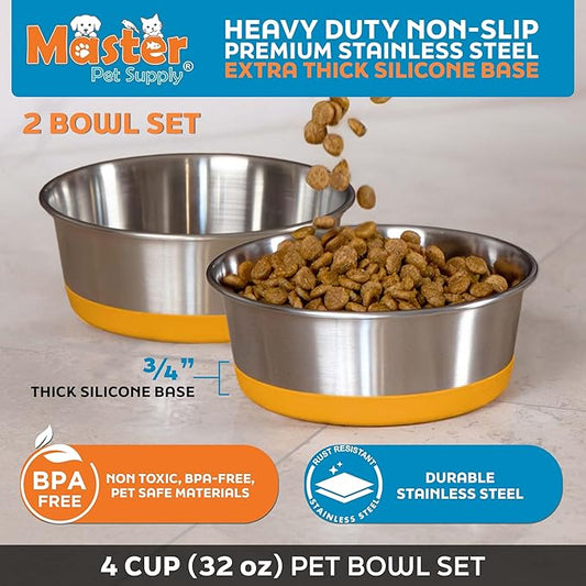 Master Pet Supply Stainless Steel Dog Bowls Set of 2 with Extra Thick Silicone Base - 4 Cup (32 oz) Mango Tango, Non-Slip, Dishwasher Safe Metal Bowls, Pet Dog Food Bowl for Dogs, Cats, Anti Rust