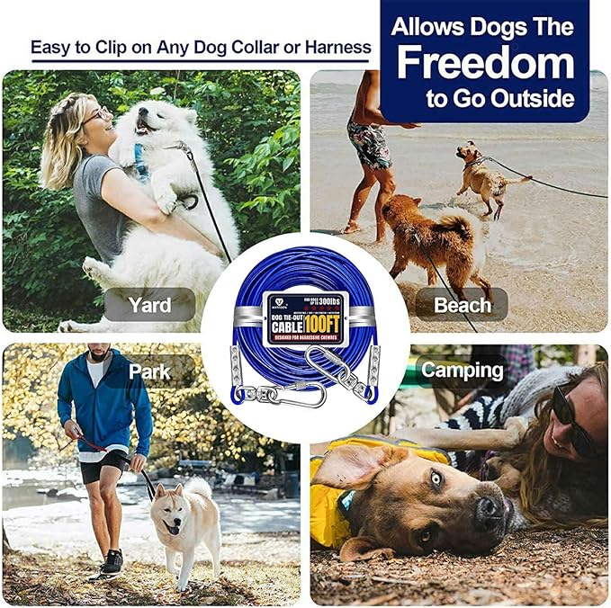 Tie Out Cable for Large Dog, 100ft Pet Runner for Yard, 30/40/50ft Run Leash Heavy Duty Swivel Hooks Heavy Duty Lead Steel Wire Dog Chain Leash Cable Perfect for The Yard, Camping, Beach