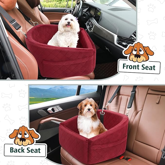 NEEZUKAR Dog Car Seat for Small Medium Dogs,Detachable Washable Dog Booster Seat Under 30lbs, Pet Car Seats Travel Bed with Storage Pockets and Safety Belt(Red)