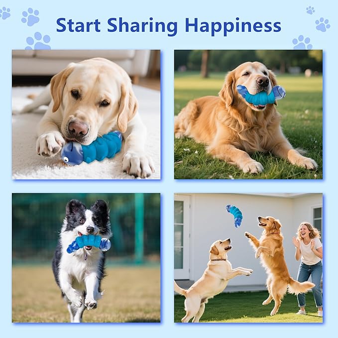 Indestructible Dog Toys for Aggressive Chewers, Tough Chew Proof Toy for Large Dogs, Squeaky Rubber Chew Toy with Beef Flavor for Boredom & Anxiety Relief (Blue)