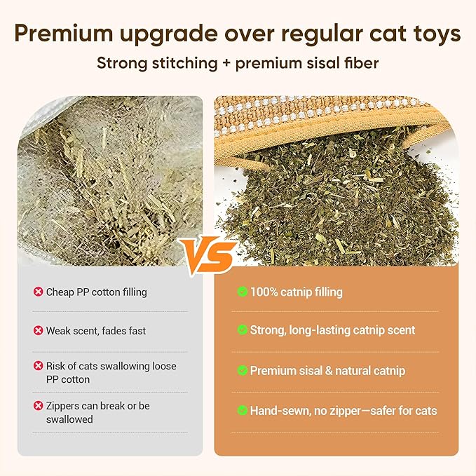 PetZen Garden Sisal Catnip Pillow Toy Kickers, 2 Pack Interactive Catnip Toys with Organic 8000mg Herbal Blend for Indoor Scratching, Chewing & Teething, Fun for Kittens and Adult Cats