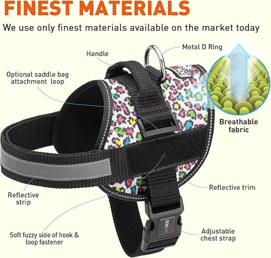 Dogline Dog Harness, Reflective No-Pull Adjustable Vest with Handle for Walking, Training, Breathable, No - Choke Harness for Small, Medium or Large Dogs Room for Patches Leopard Rainbow XS 15"-18"