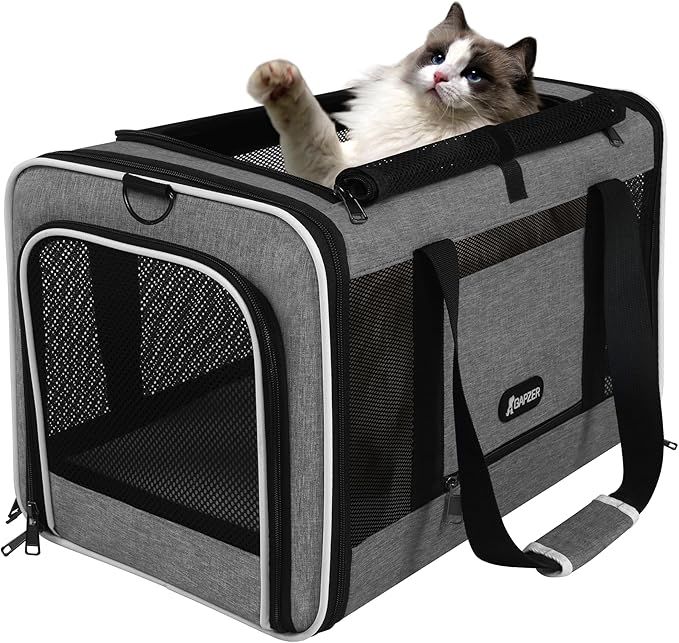 GAPZER Cat Carrier 18x11x11 Top Load Soft Pet Travel Bag Over 15 lbs, Collapsible Small Dog Puppy Crate 10 Pounds, Small Animal Rabbit Kennel Carrying Case, Kitten Mesh Cage Medium Cat Under 25 Grey