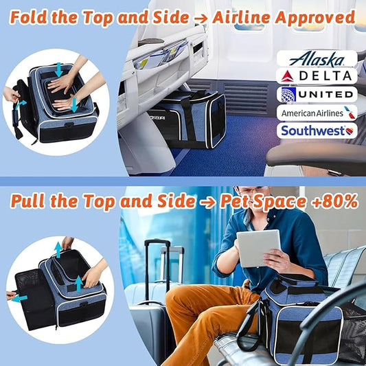 Petskd Top and Side Expandable Pet Carrier 17x11x9.5 Inches Alaska Airline Approved, Soft-Sided Carrier for Small Cats and Dogs with Locking Safety Zippers and Anti-Scratch Mesh(Blue)