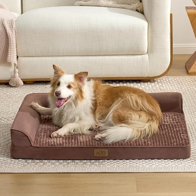 COZY KISS Orthopedic Dog Bed for Extra Large, XXL Dogs Bed, L Shaped Foam Anti-Slip Bottom Giant Pet Cat Sofa with Washable Cover, Suitable for Pet Up to 150 lbs, 48x35x8 inch, Brown 
