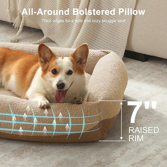 FURTIME Washable Dog Bed Medium Size Dogs, Rectangle Comfy Fluffy Medium Dog Bed, Removable Zipper Cover Machine Wash, Soft Orthopedic Bed Durable Pet Cuddler with Anti-Slip Bottom, 25"x21"x7", Beige