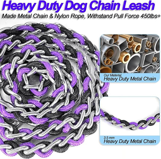 Dog Leash Rope Chain, Nylon Rope Metal Chain for Pet Leads. 6ft Heavy Duty Chew Proof Training Walking for Medium Large Dogs. (Medium, Purple&Black)