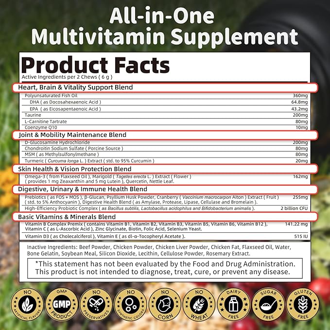 25-in-1 Dog Multivitamin Chews – All-in-One Daily Vitamins & Supplements for Dogs, Joint Support with Glucosamine MSM, Omega-3 Skin & Coat, Gut, Heart & Brain, All Breeds & Ages, Chicken, 60 Ct